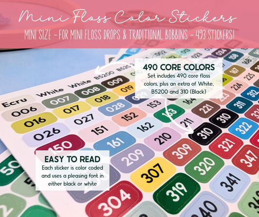 Mini DMC Floss Color Labels for Floss Drops & Traditional Bobbins - Set of 493 stickers