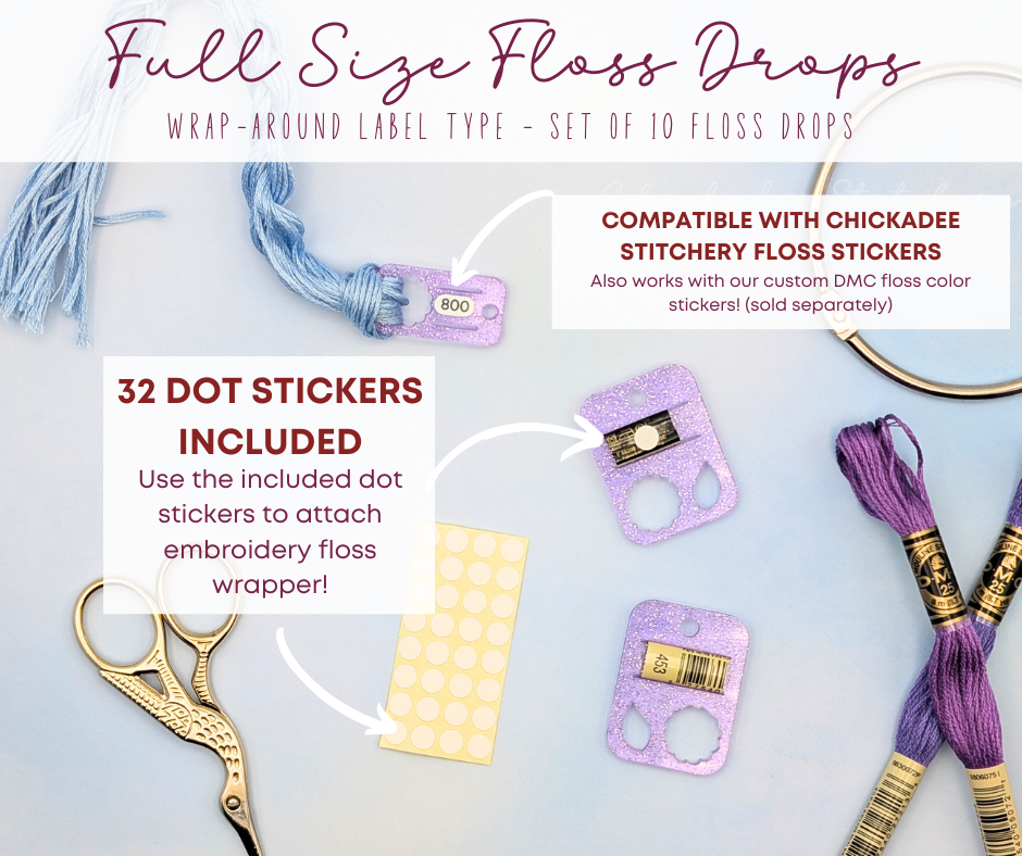 Floss Drops - Set of 10 - Full Size Wrap-Around Label Style with Partial Threads Holder