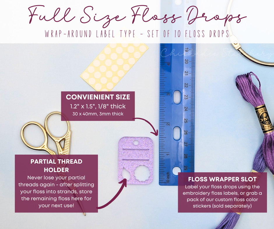 Floss Drops - Set of 10 - Full Size Wrap-Around Label Style with Partial Threads Holder