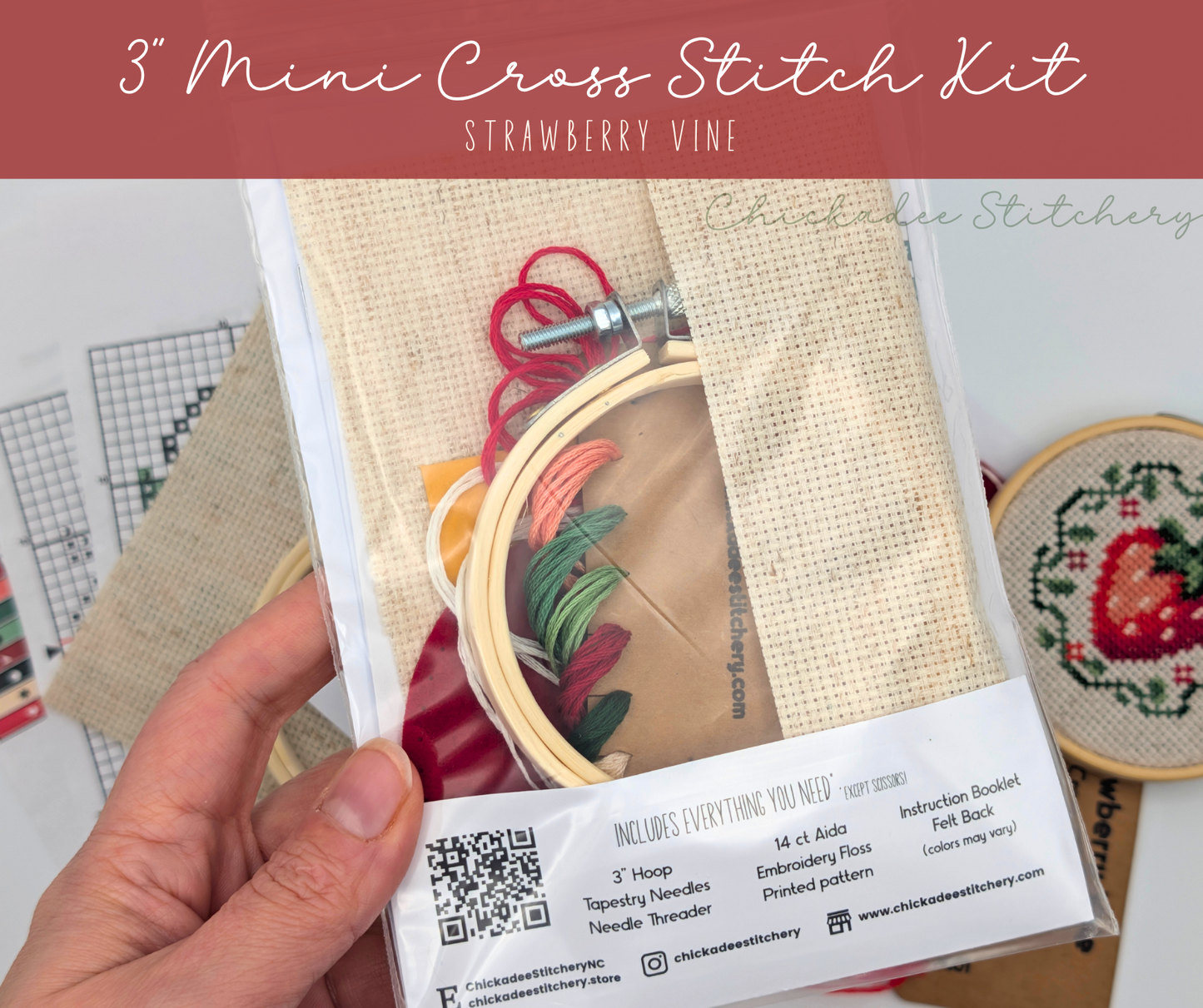 Mini Cross Stitch Kit: Strawberry Vine 3"
