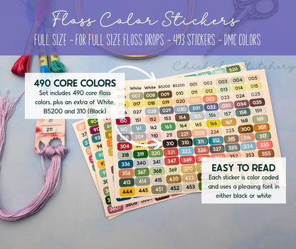 DMC Floss Color Labels for Floss Drops - Set of 493 stickers