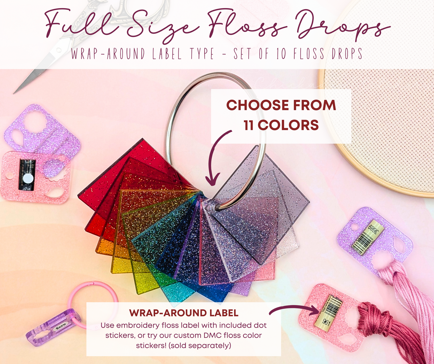 Glitter Jelly Floss Drops - Set of 10 Acrylic Embroidery Floss Holders