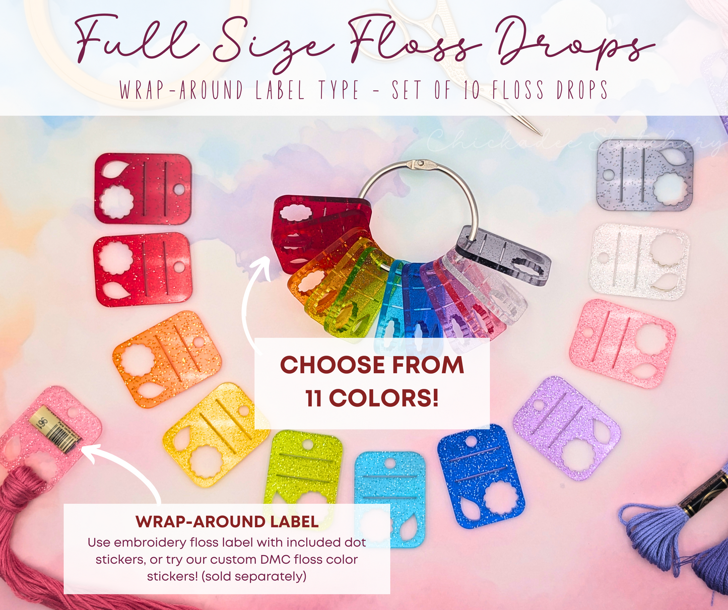 Glitter Jelly Floss Drops - Set of 10 Acrylic Embroidery Floss Holders