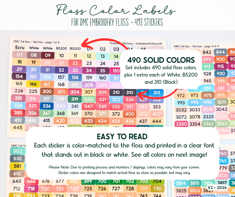 DMC Floss Color Labels for Floss Drops & Bobbins (Solid Colors)