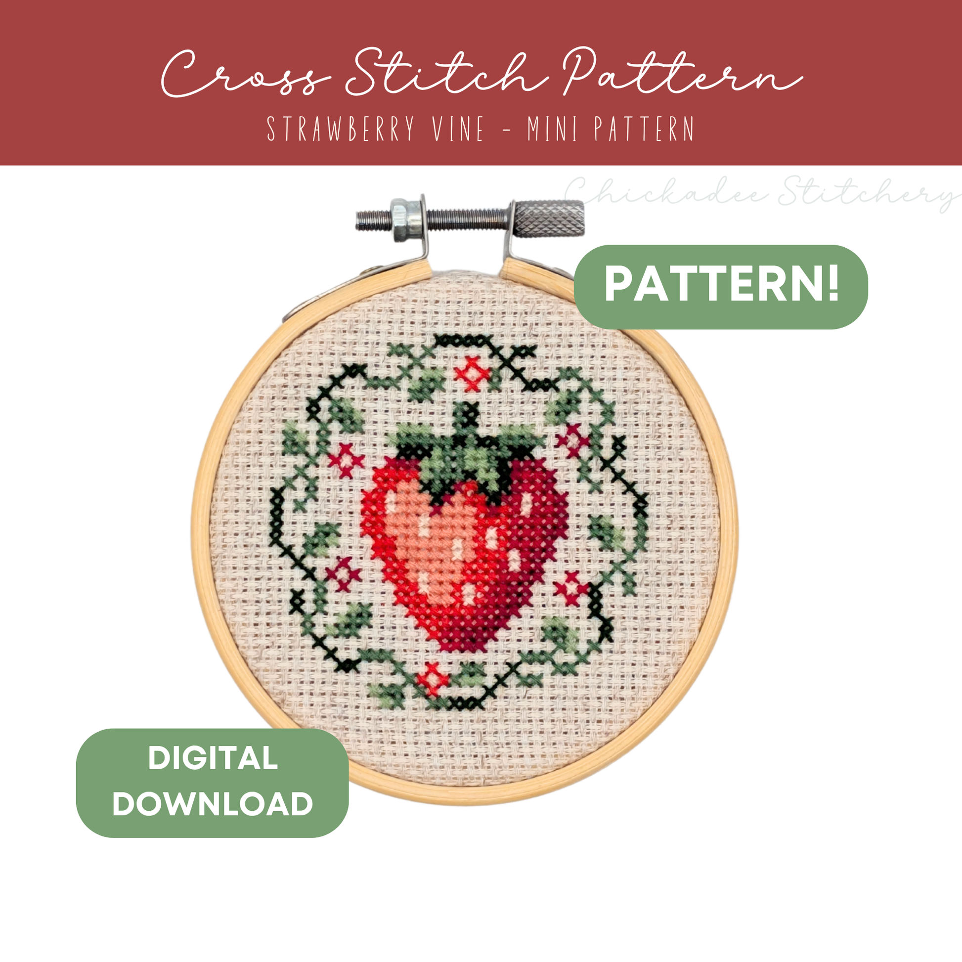 Cross stitch pattern with strawberry design in a hoop, labeled 'Digital Download'.