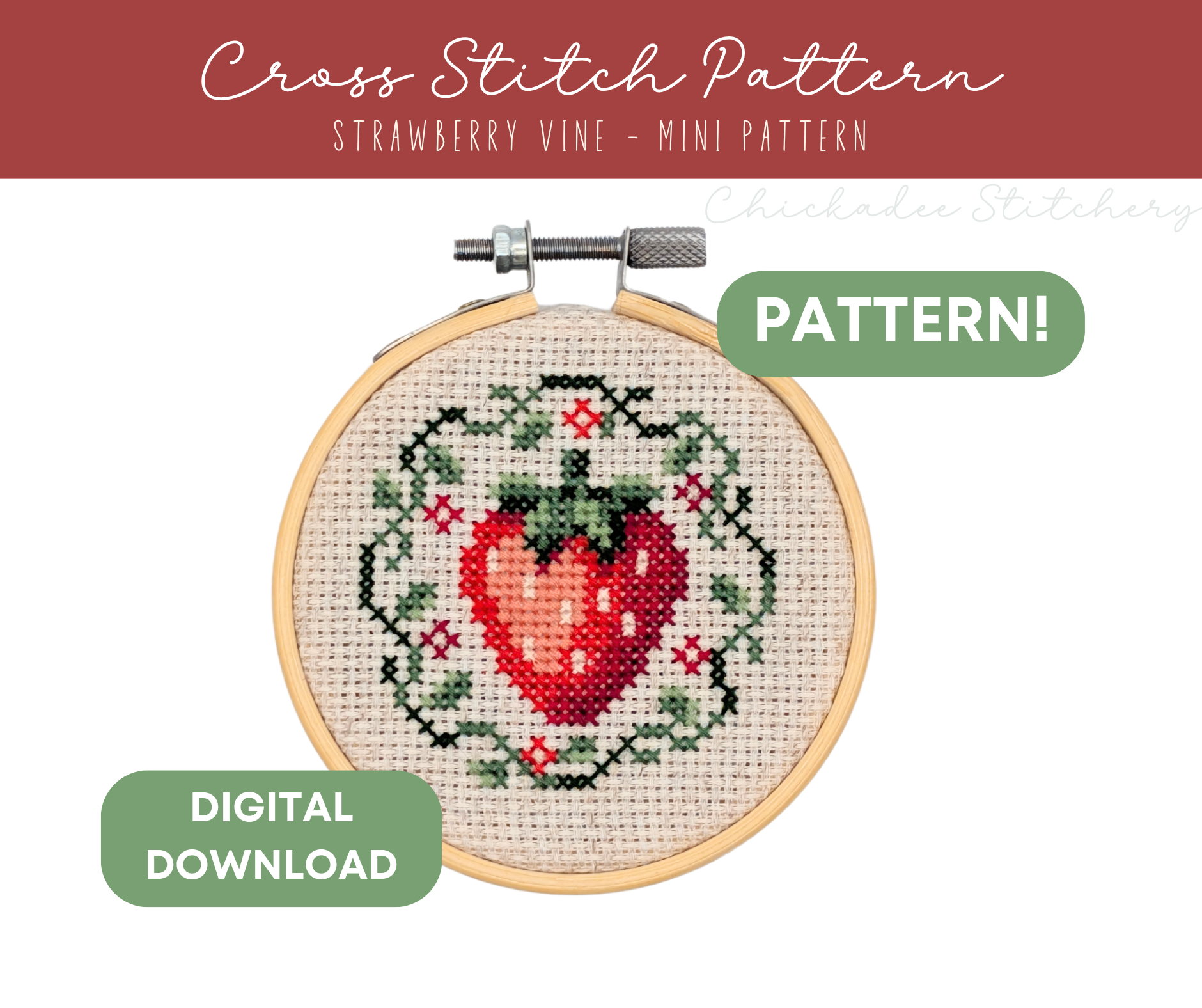 Cross stitch pattern with strawberry design in a hoop, labeled 'Digital Download' and 'Pattern'.