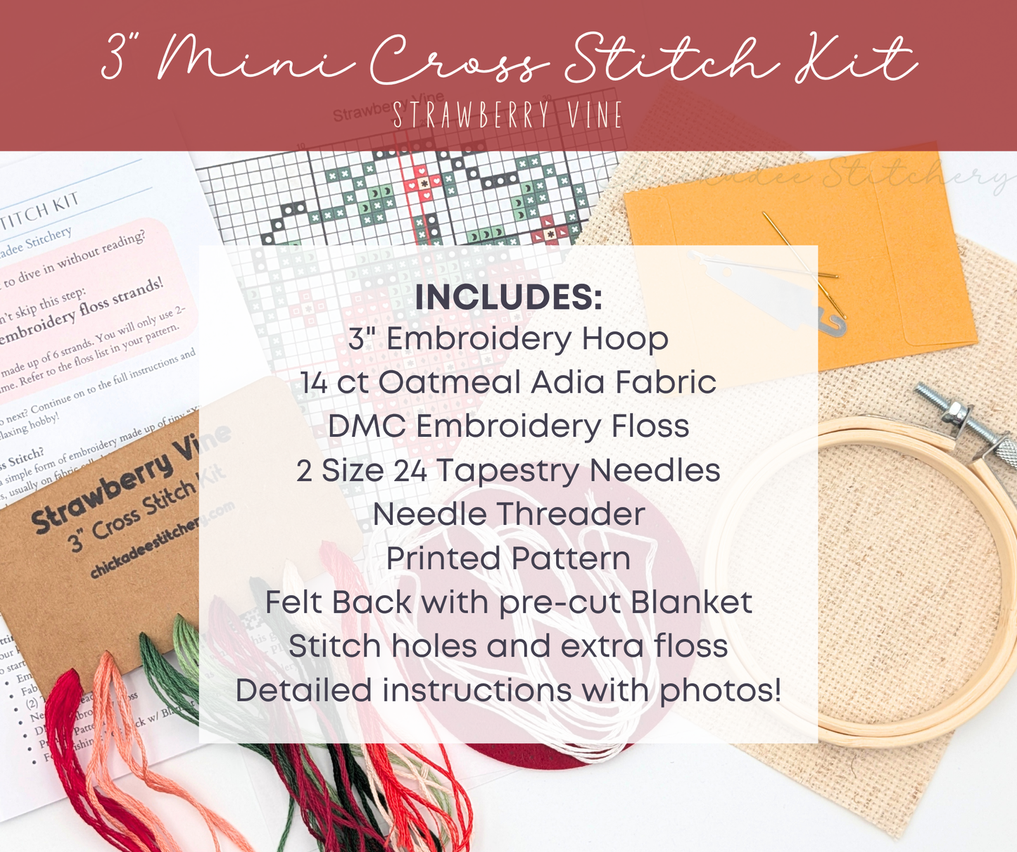 Mini Cross Stitch Kit: Strawberry Vine 3"