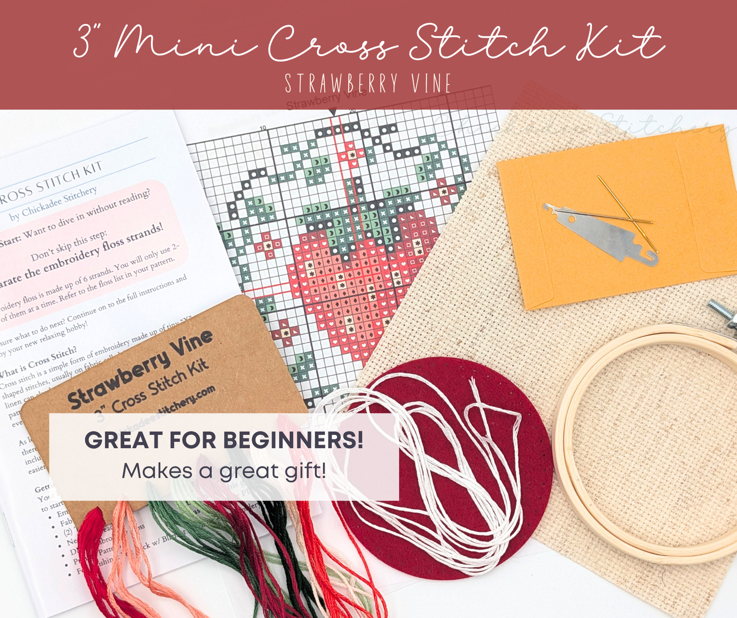 Mini Cross Stitch Kit: Strawberry Vine 3"