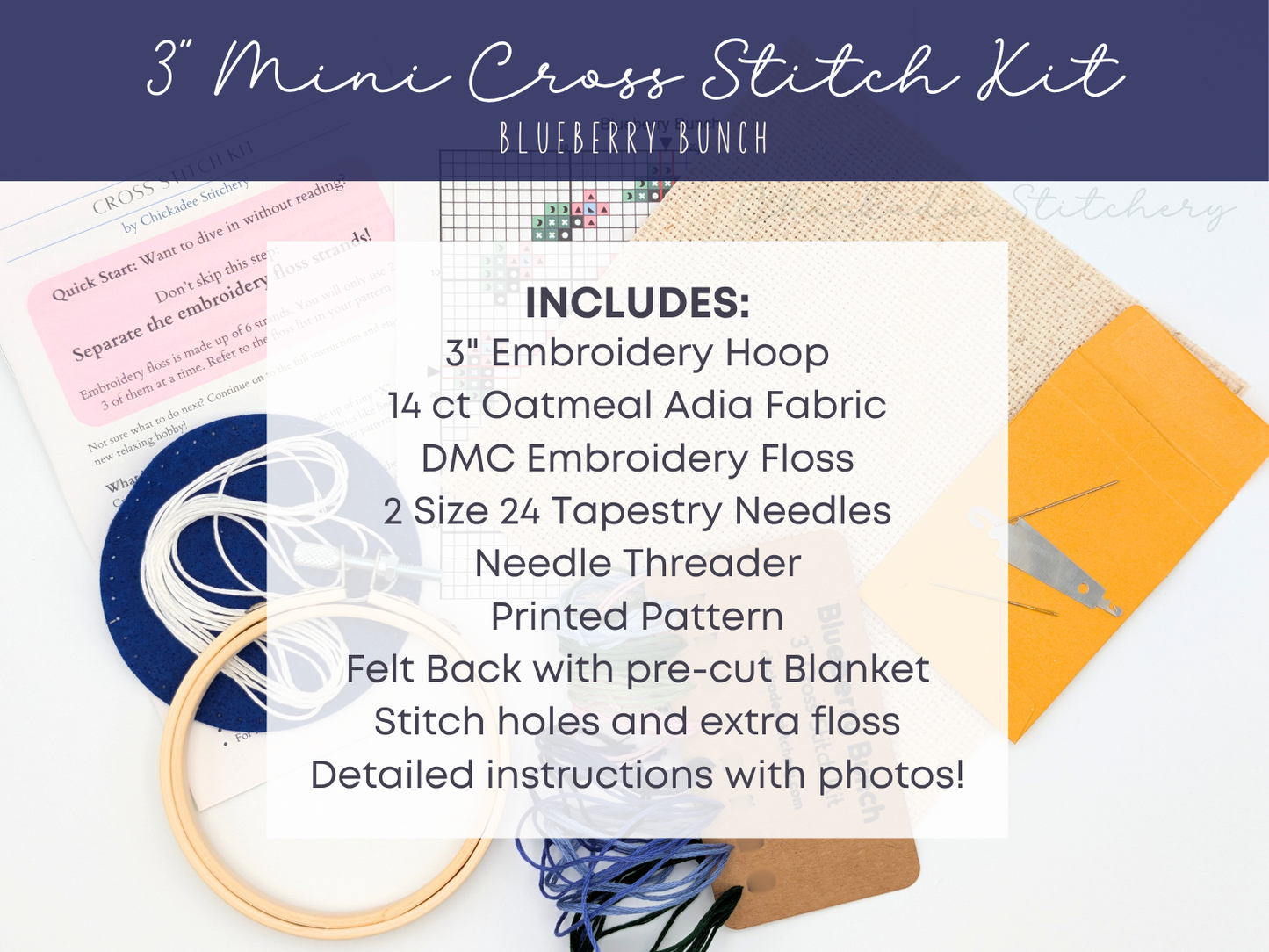 Mini Cross Stitch Kit: Blueberry Bunch 3"