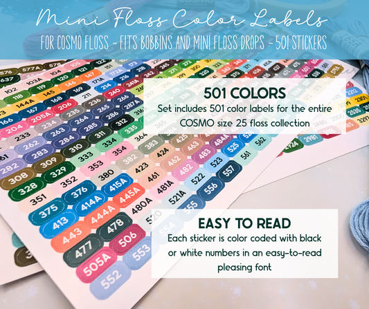 COSMO Floss Color Stickers: 501 Glossy Vinyl Labels for Floss Drops