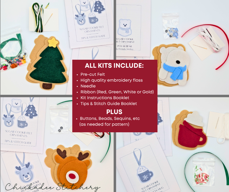 Sugar Cookie Felt Ornament Kits: Reindeer, Polar Bear, Christmas Tree, Hot Cocoa Mug